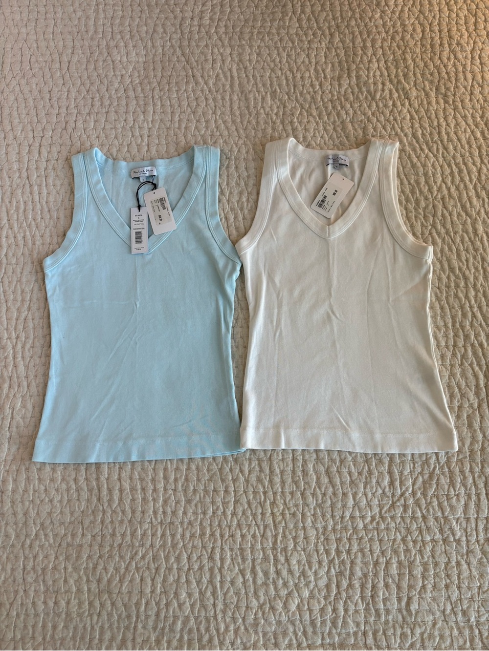 NTW Michael Stars Maya V Neck Wide Binding Tank - Light Blue & White